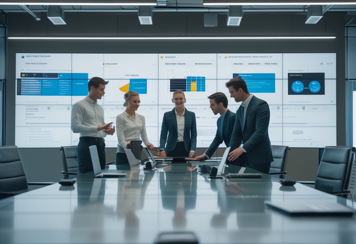 Sebuah ruang kantor modern dengan beberapa profesional yang sedang bekerja bersama di sekitar meja kaca, dikelilingi oleh layar digital besar dan perangkat audiovisual serta peralatan IT.