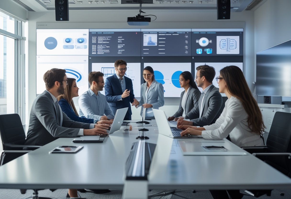 Sekelompok profesional bekerja sama di ruang konferensi kantor modern dengan peralatan audiovisual dan teknologi informasi yang terintegrasi.