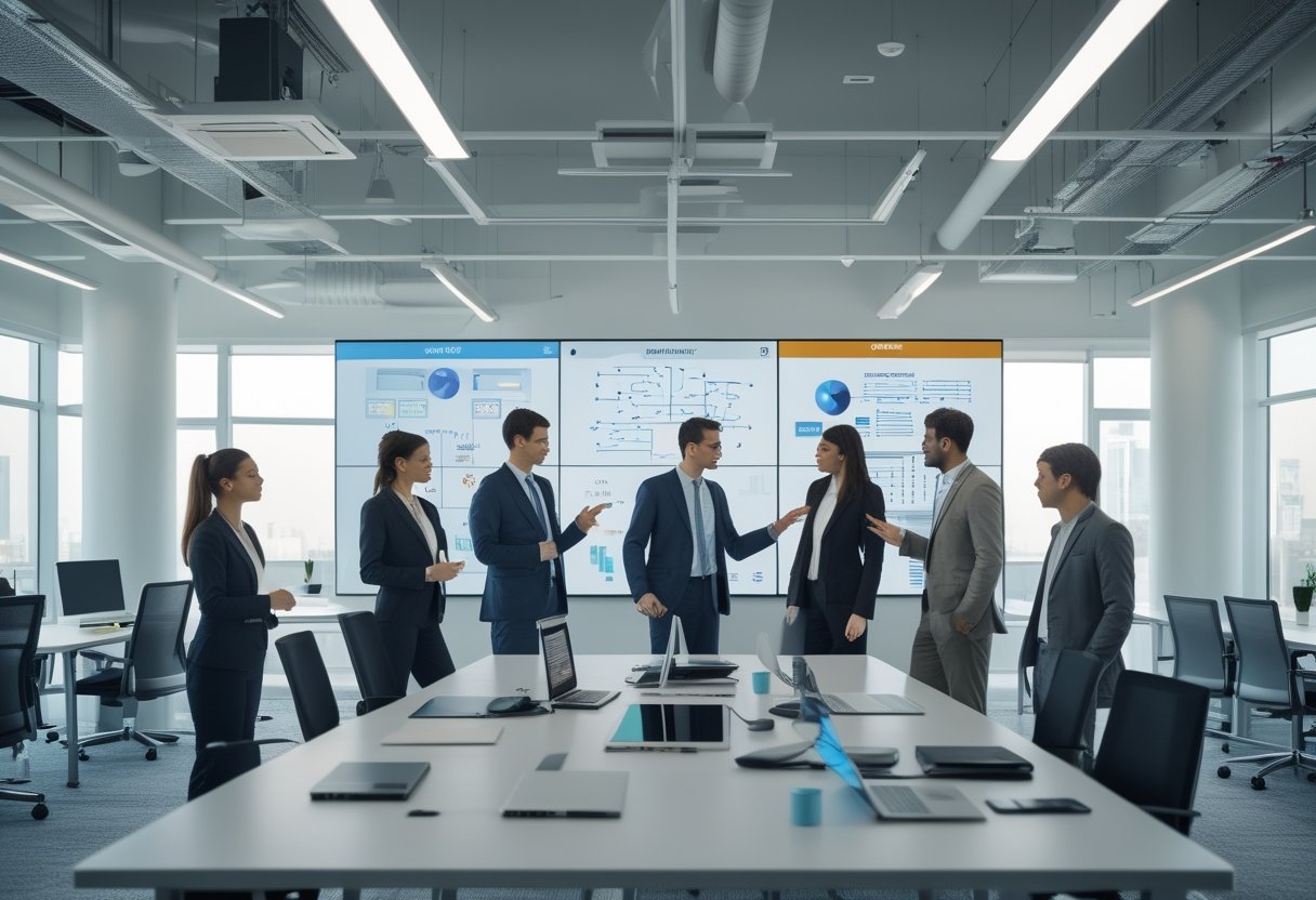 Sekelompok profesional bisnis sedang berdiskusi di ruang kantor modern dengan peralatan teknologi dan audiovisual canggih.