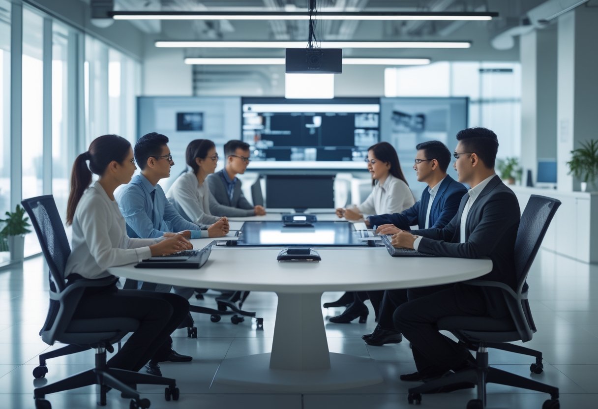 Sekelompok profesional bekerja sama di ruang kantor modern dengan peralatan teknologi audiovisual dan IT canggih.