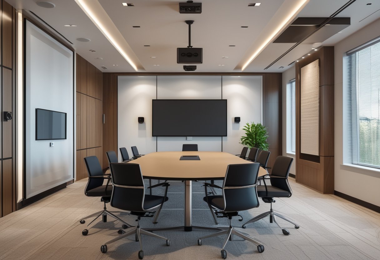 Ruang meeting modern dengan meja konferensi besar, kursi ergonomis, layar besar di dinding, dan peralatan audiovisual canggih, dengan pencahayaan alami dan dekorasi minimalis.