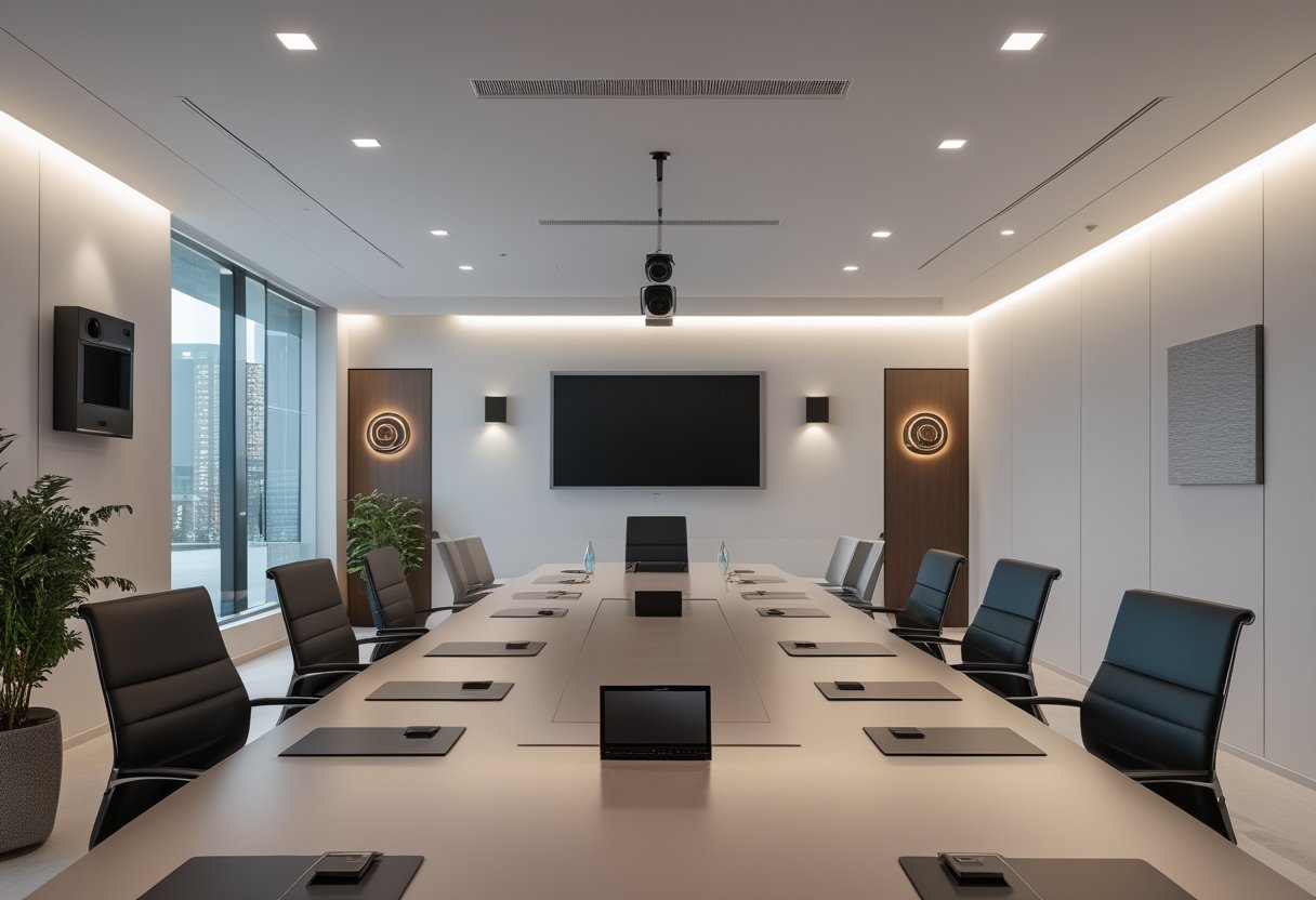 Ruang rapat modern dengan meja konferensi, kursi ergonomis, layar besar di dinding, dan pencahayaan yang nyaman.