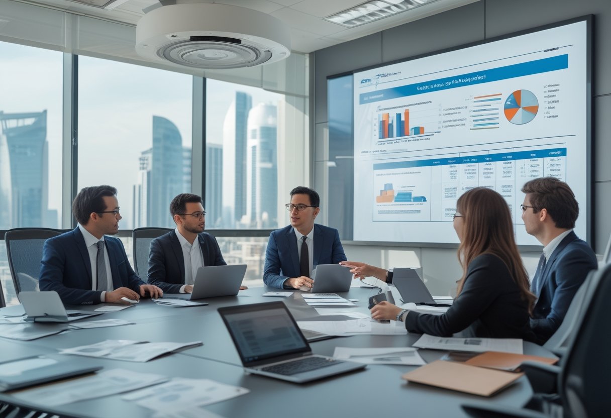 Sekelompok profesional bisnis sedang berdiskusi di ruang rapat kantor dengan layar besar yang menampilkan data dan grafik.