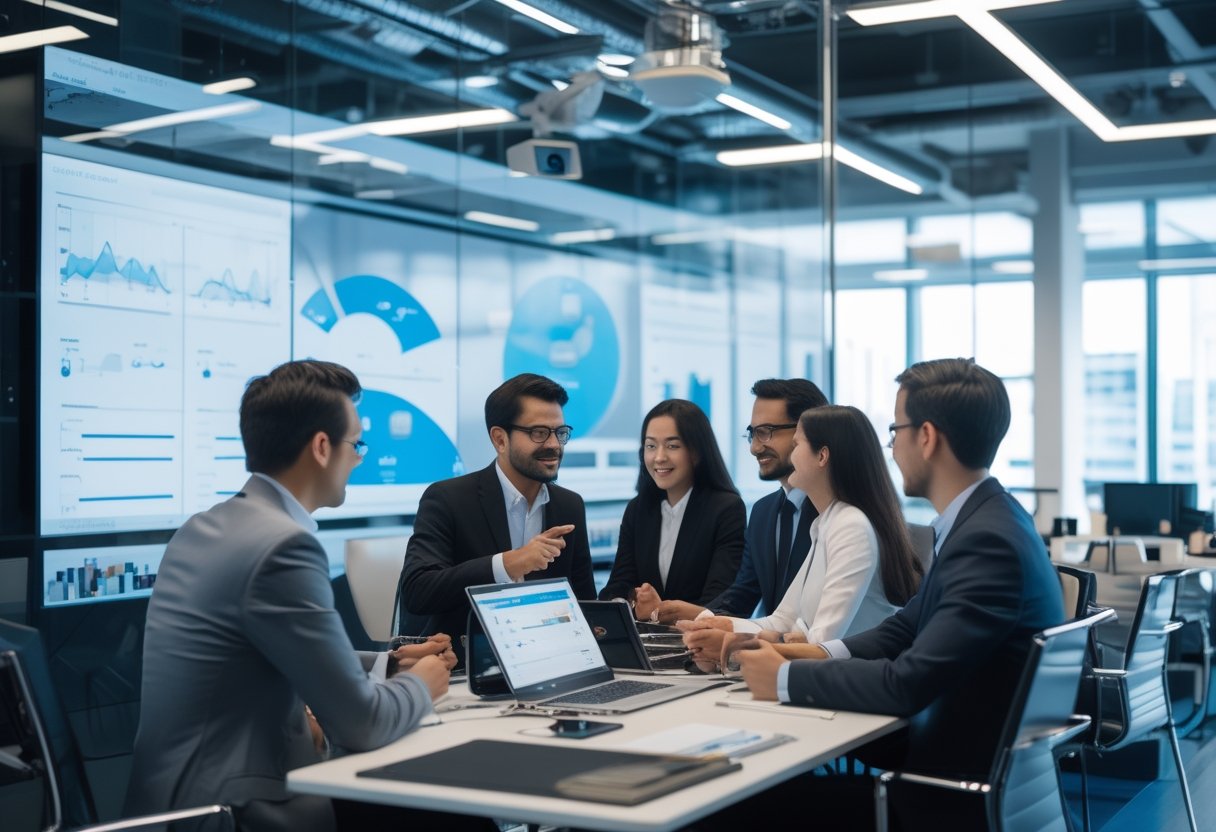 Sekelompok profesional bisnis sedang bekerja bersama di kantor modern dengan peralatan audiovisual dan teknologi informasi yang terintegrasi.