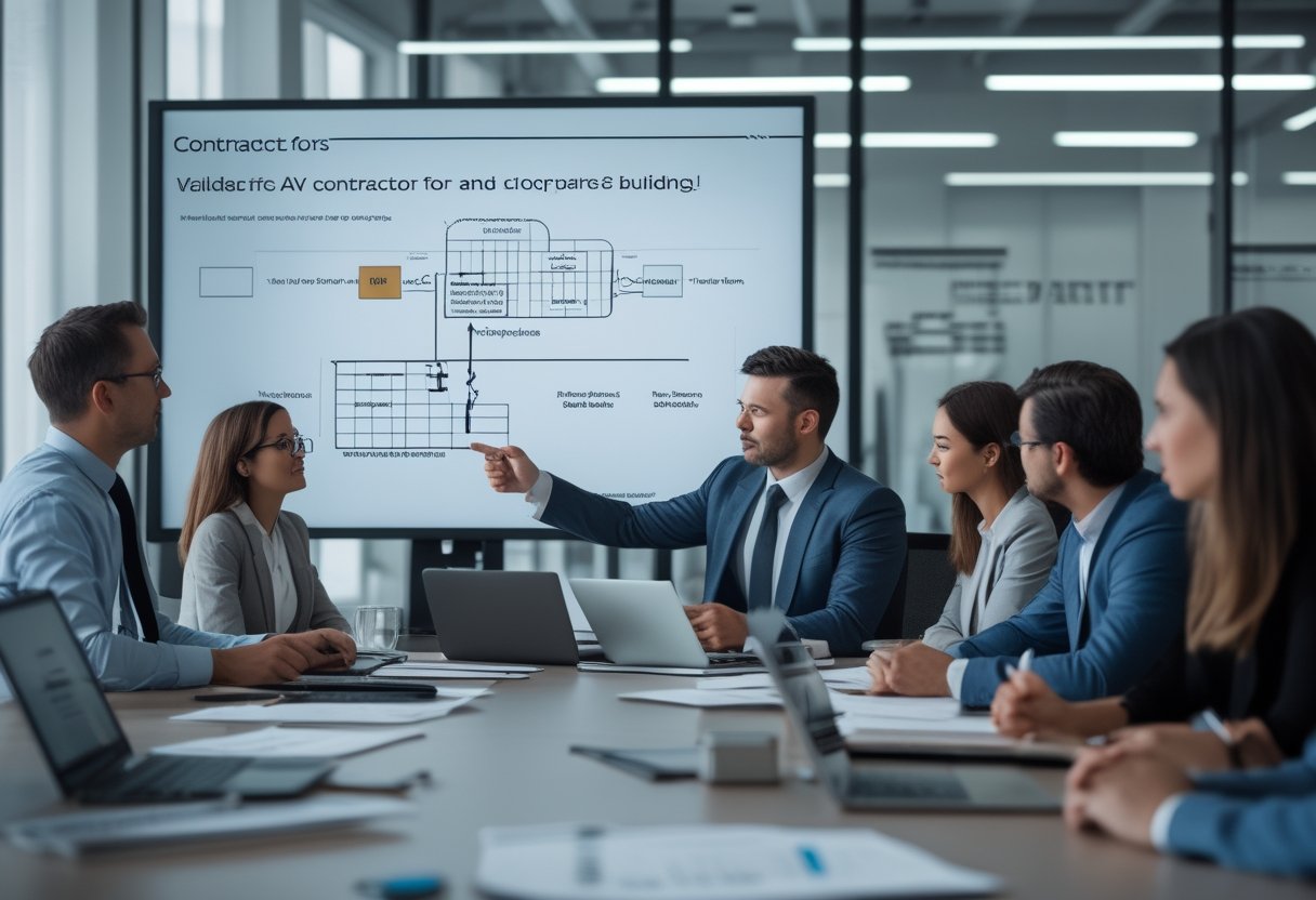 Sekelompok profesional bisnis sedang rapat di kantor modern membahas pemilihan kontraktor AV terbaik untuk gedung perusahaan.