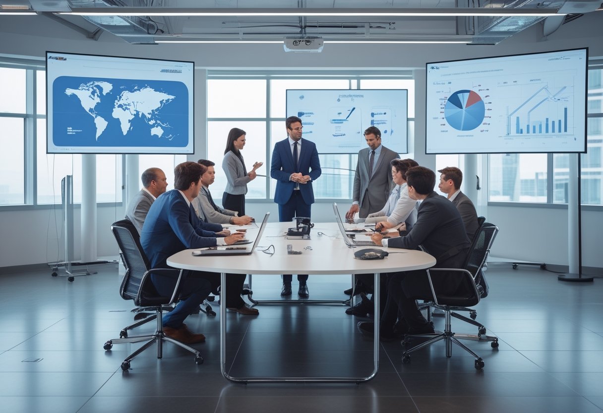Sekelompok profesional bisnis sedang berdiskusi serius di ruang rapat kantor modern dengan dua tim yang bekerja terpisah pada peralatan AV dan perangkat IT.