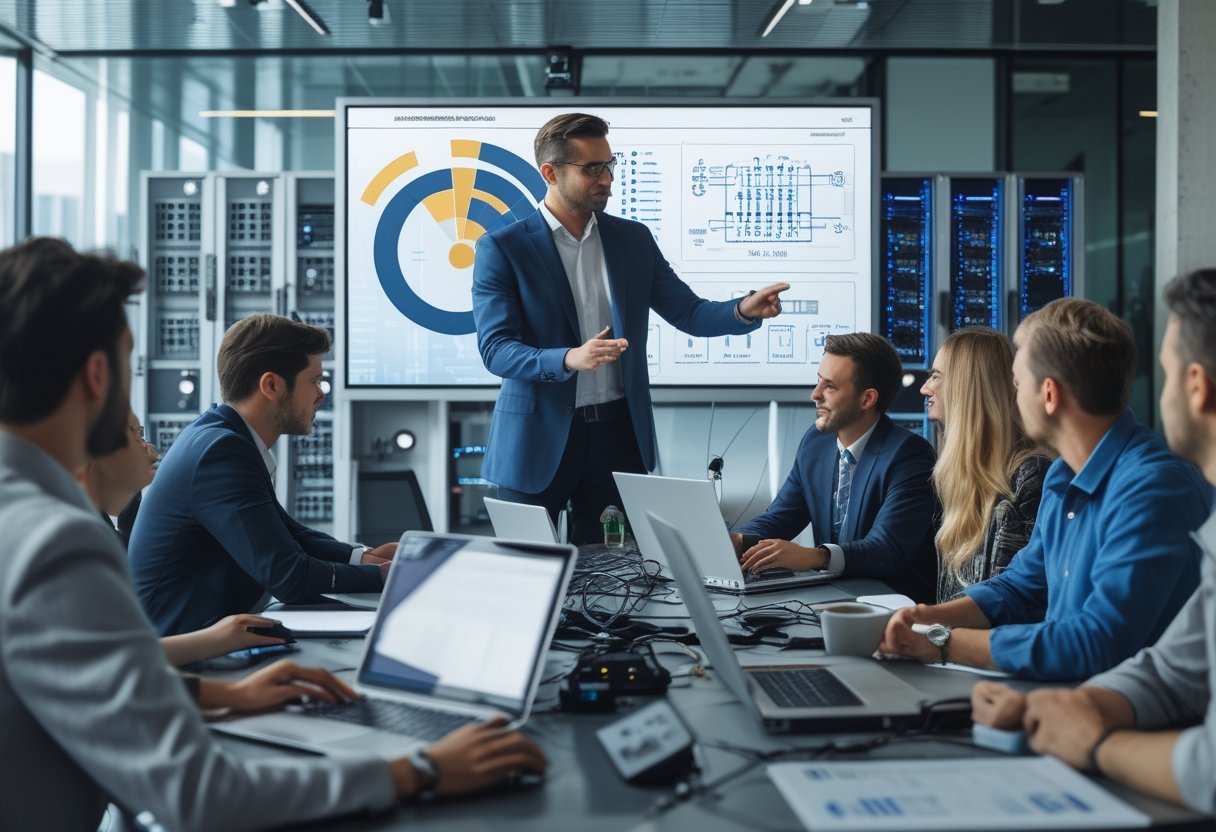 Seorang spesialis audio visual bekerja bersama tim IT di ruang kantor modern dengan peralatan jaringan dan layar digital.