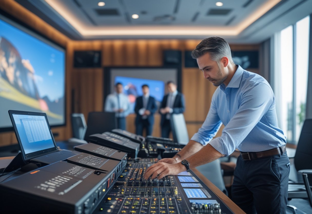 Seorang spesialis audio visual sedang mengatur peralatan di ruang konferensi modern dengan layar proyektor besar dan beberapa profesional bisnis bersiap untuk presentasi.