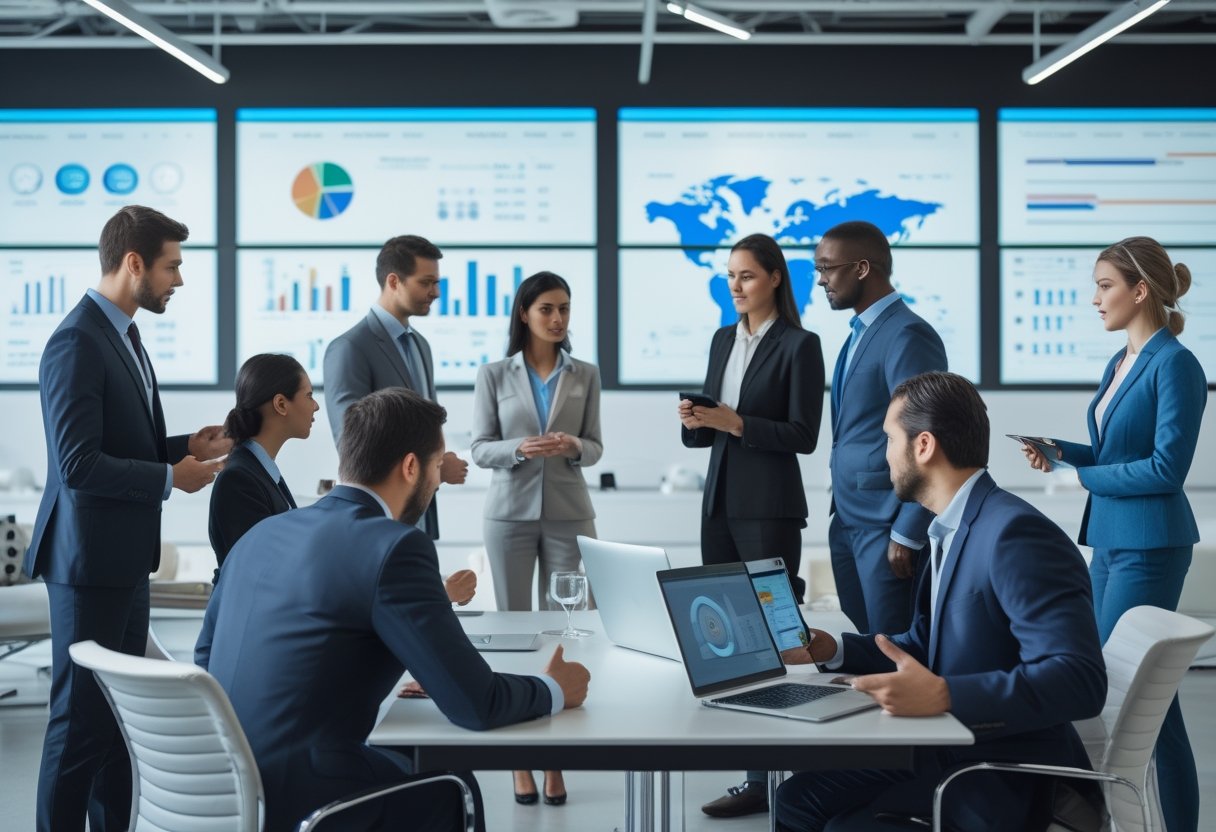 Sekelompok profesional bisnis sedang berdiskusi dalam ruang kantor modern dengan perangkat teknologi audiovisual dan IT.