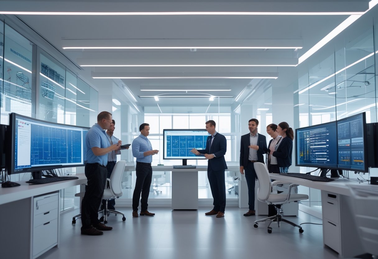 Sekelompok profesional IT sedang bekerja sama di kantor modern dengan perangkat teknologi canggih dan suasana kerja yang terang dan rapi.