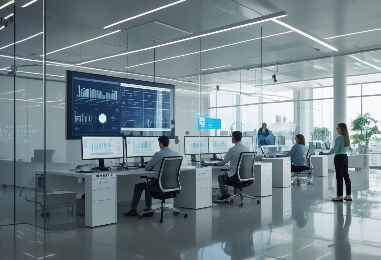 Suasana kantor modern dengan teknologi canggih dan karyawan bekerja menggunakan perangkat IT terbaru.