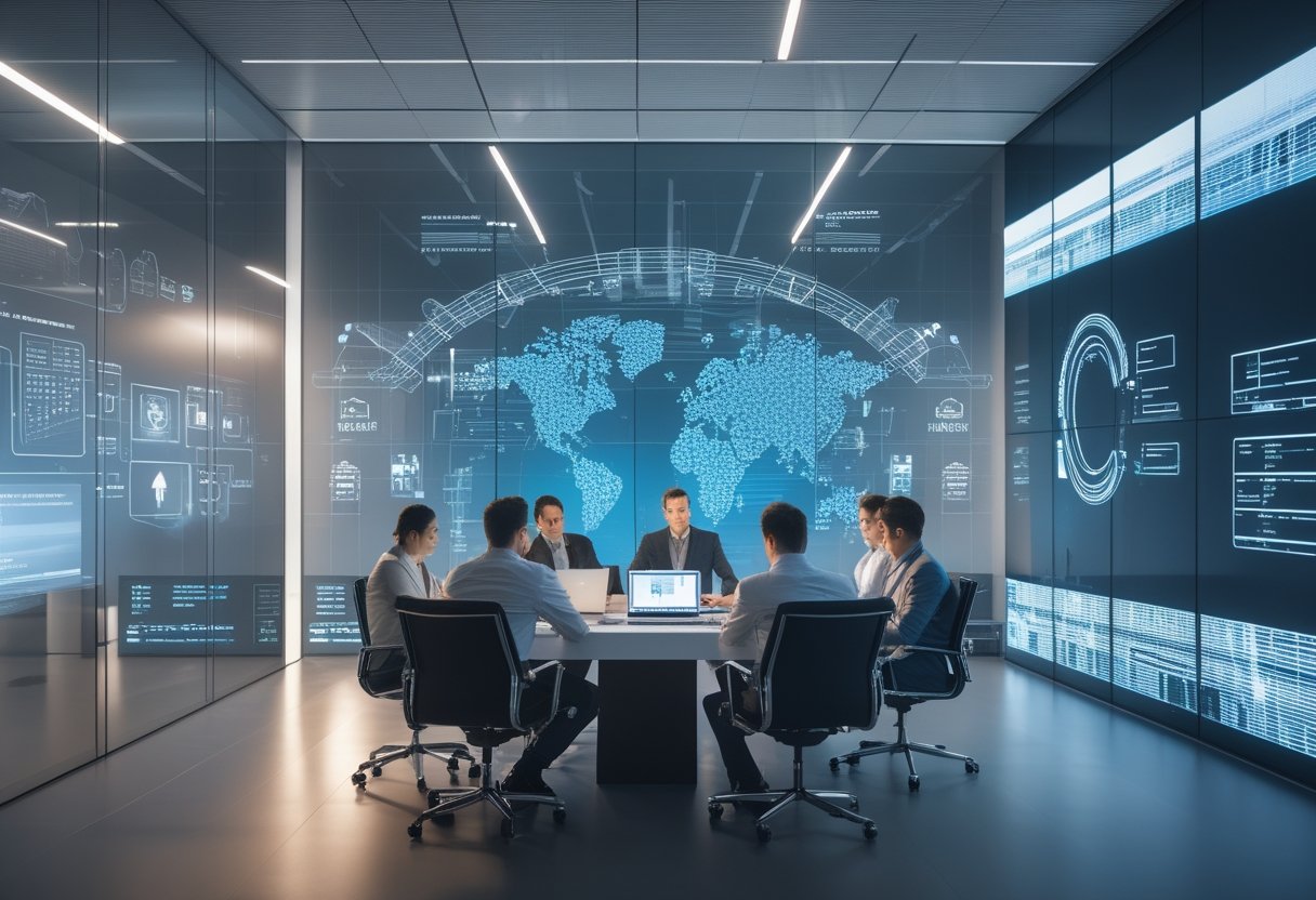 Sekelompok profesional bekerja bersama di kantor modern dengan layar besar, perangkat audio visual, dan peralatan IT yang terhubung.