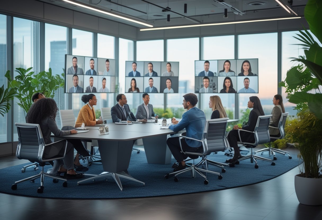 Ruang meeting modern dengan profesional yang sedang rapat campuran antara peserta hadir langsung dan peserta melalui layar video.