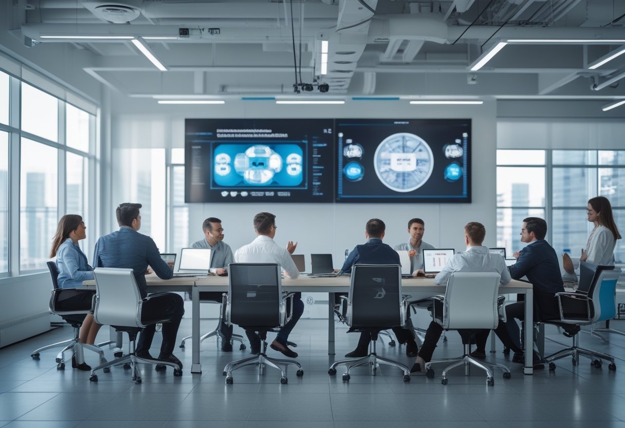 Sekelompok profesional bekerja sama di kantor modern dengan peralatan audiovisual dan perangkat IT yang terintegrasi.