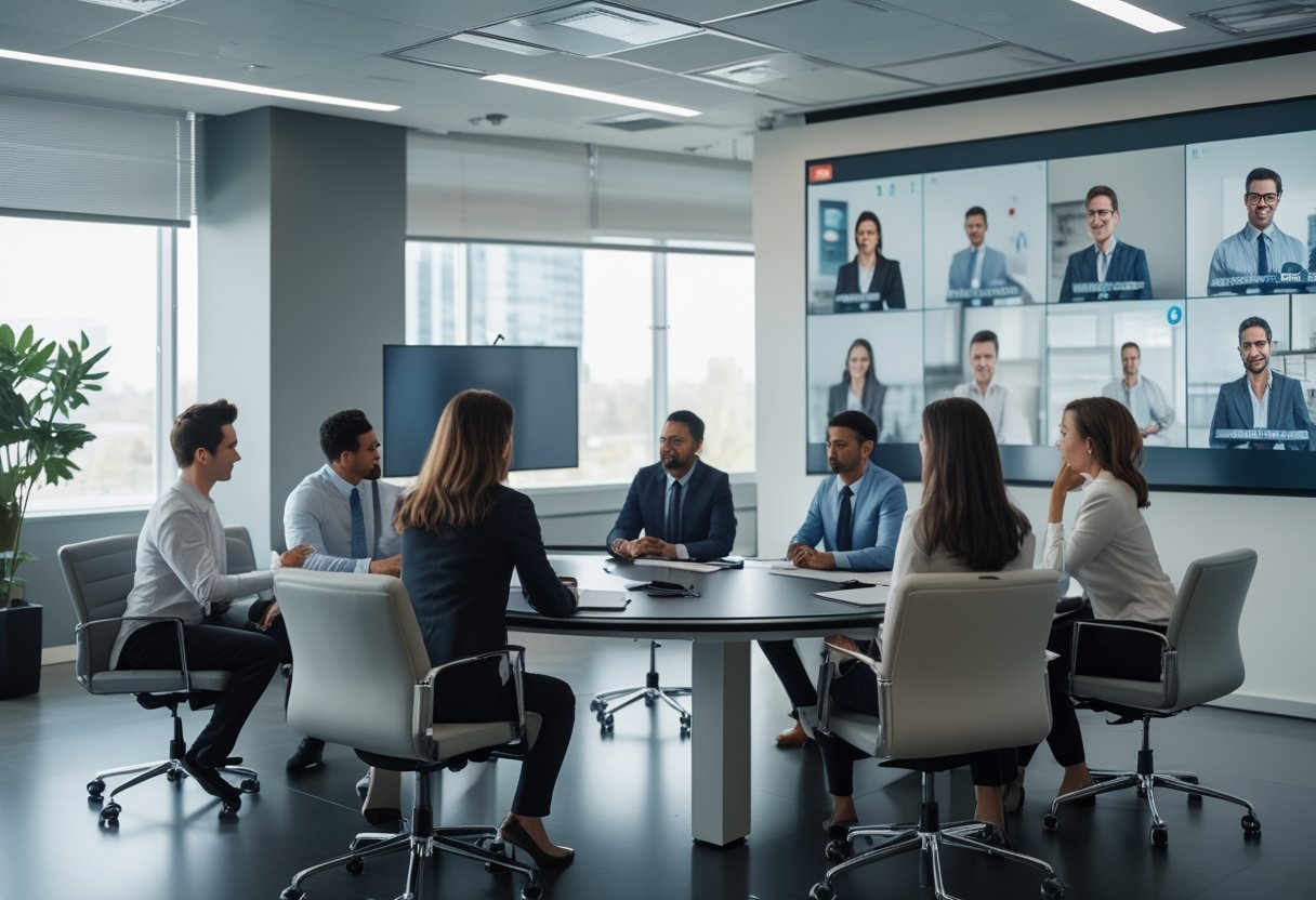 Sekelompok profesional bisnis sedang rapat di ruang meeting modern dengan beberapa peserta hadir secara langsung dan lainnya bergabung melalui layar video.