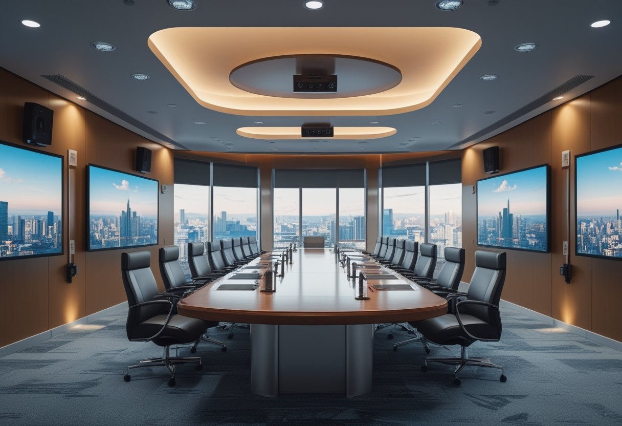 Ruang rapat eksekutif dengan meja konferensi besar, kursi kulit ergonomis, layar monitor di dinding, dan peralatan AV modern.