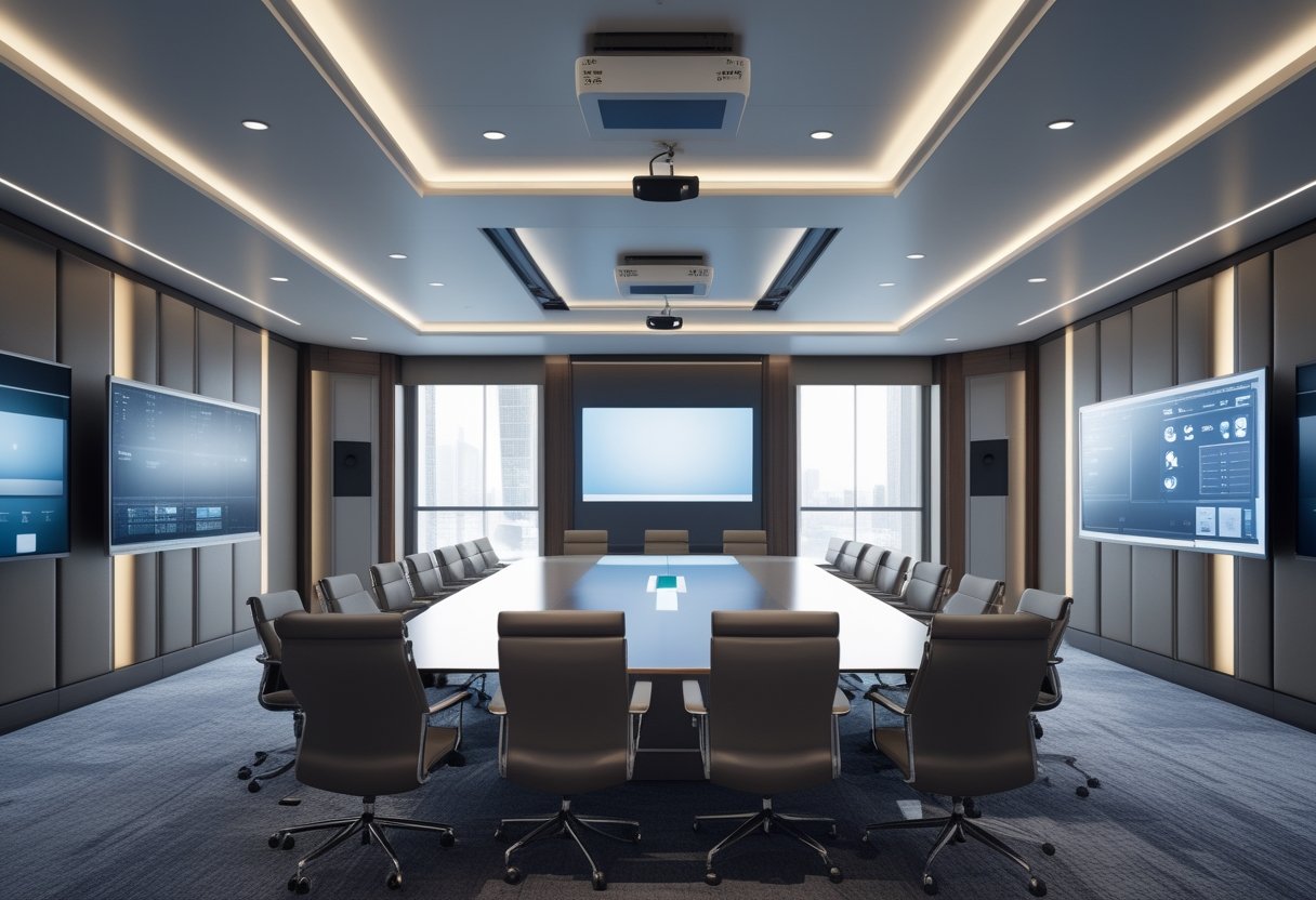 Ruang rapat eksekutif modern dengan meja konferensi besar, kursi kulit, peralatan audiovisual canggih, dan jendela besar yang menerangi ruangan.