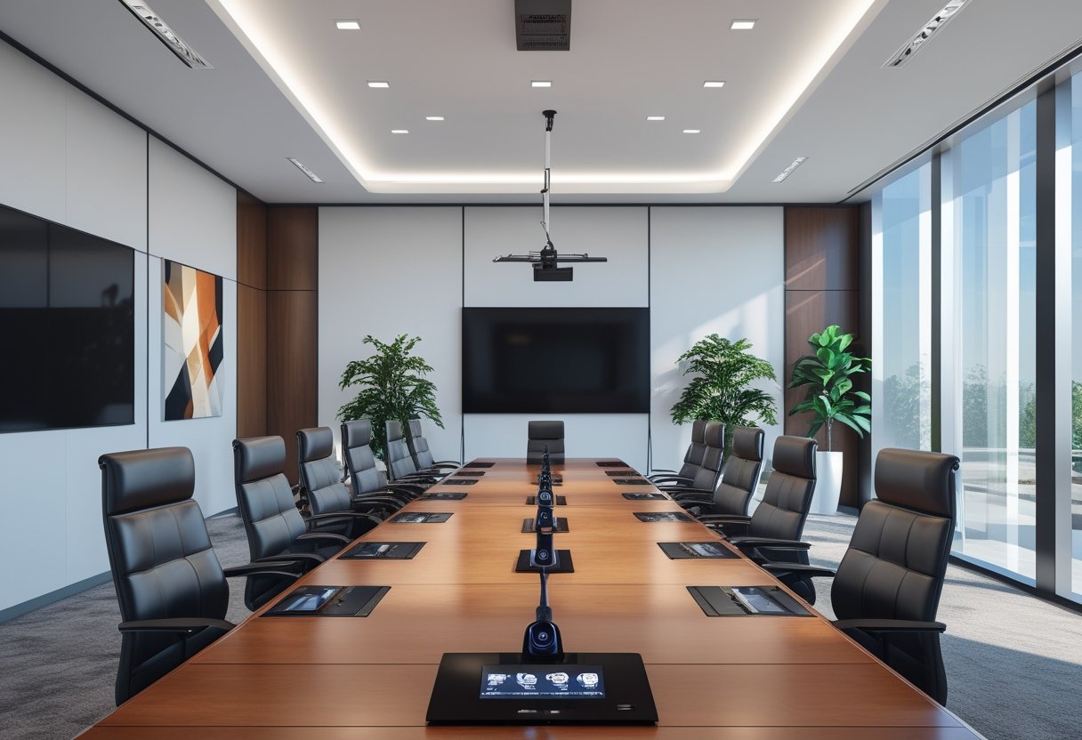 Ruang rapat eksekutif dengan meja konferensi besar, kursi kulit modern, perangkat audiovisual canggih, dan jendela besar dengan pencahayaan alami.