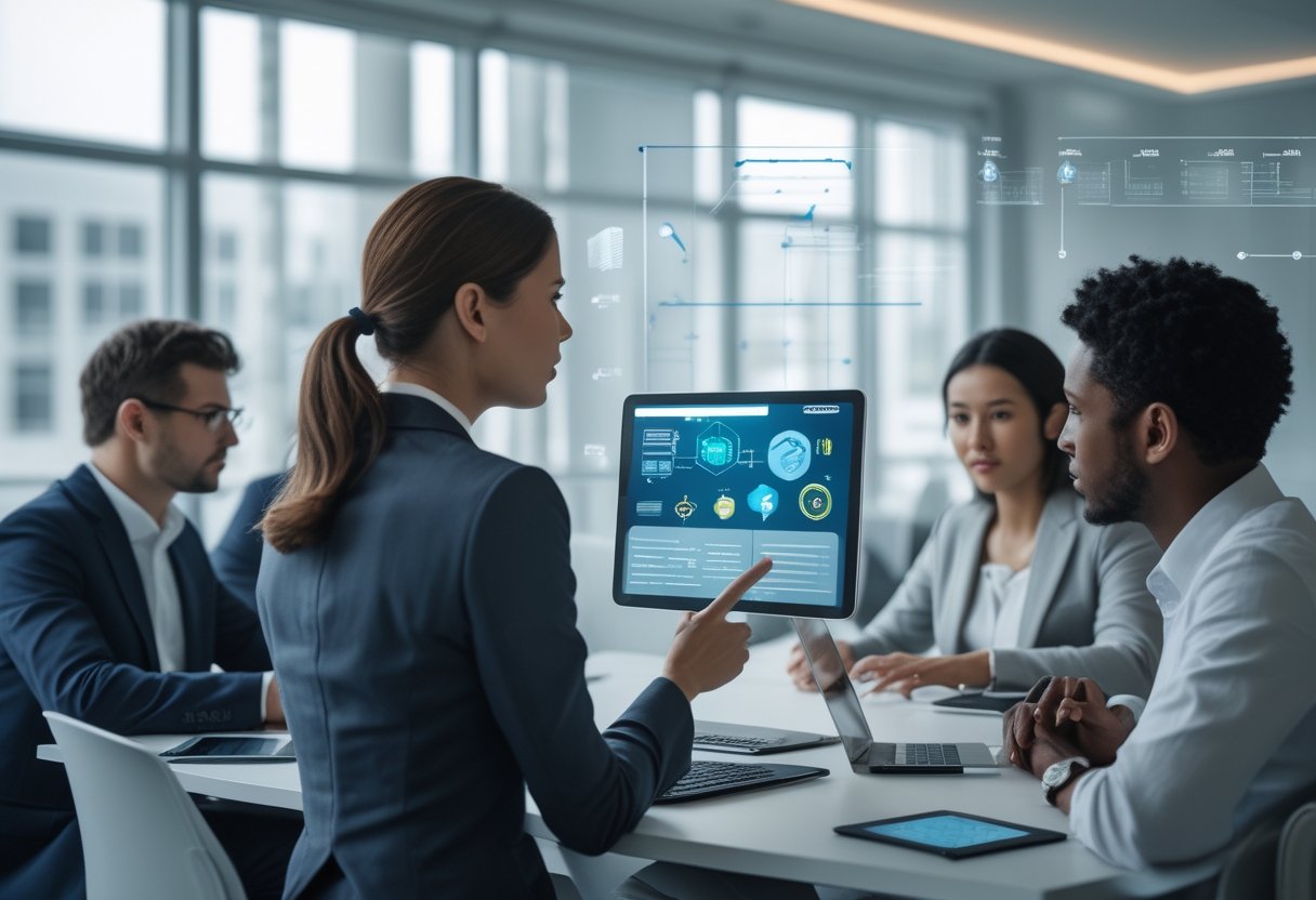 Sekelompok profesional bisnis sedang berdiskusi di ruang kantor modern dengan layar digital menampilkan grafik teknologi.
