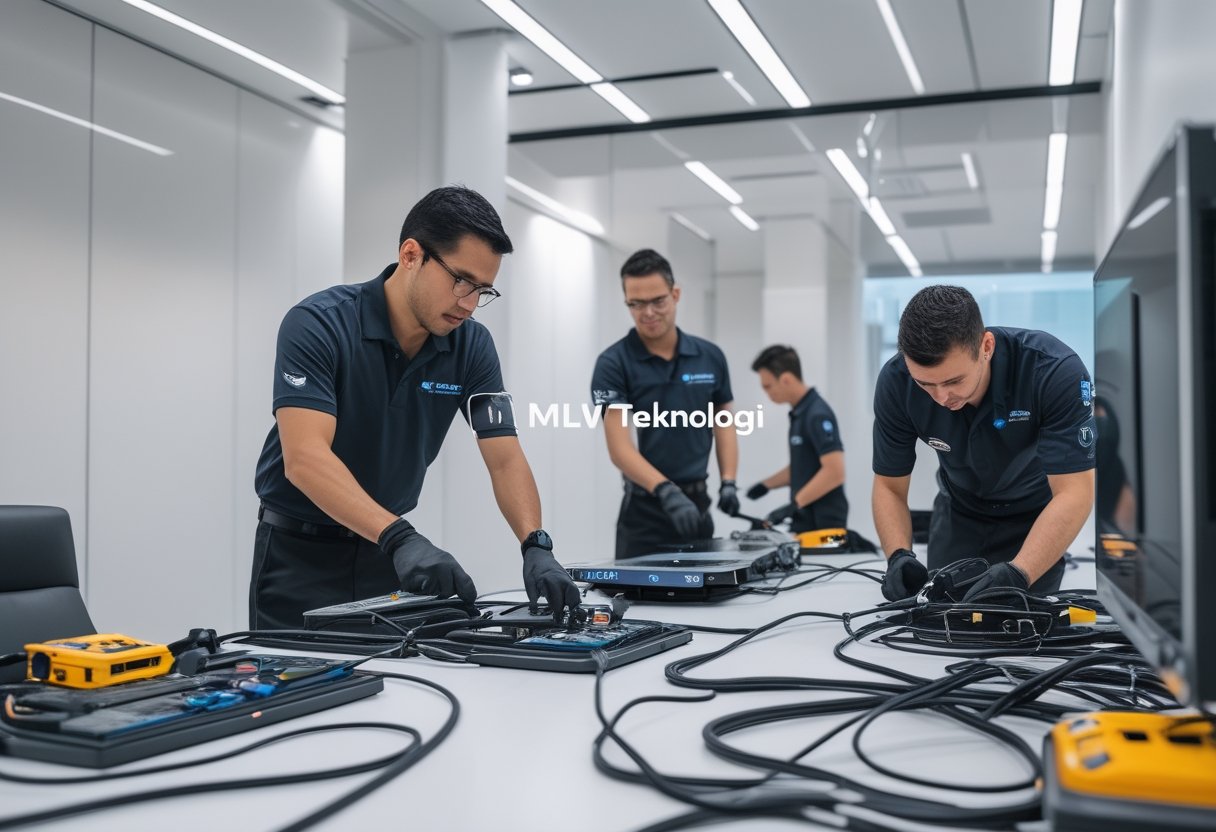 Teknisi sedang memasang peralatan audiovisual dengan rapi dan cepat di ruang kantor modern.
