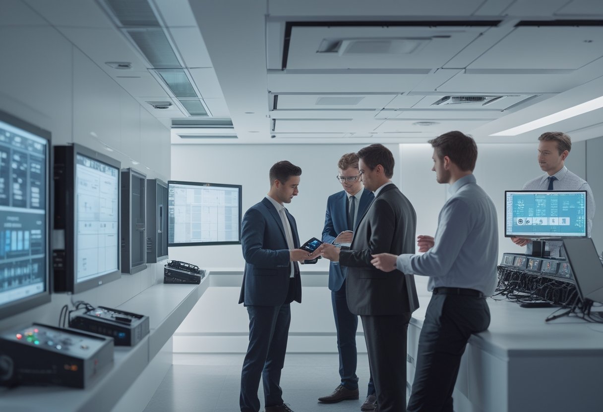 Tim teknisi dan profesional memeriksa dan menguji peralatan audiovisual di ruang kantor modern.