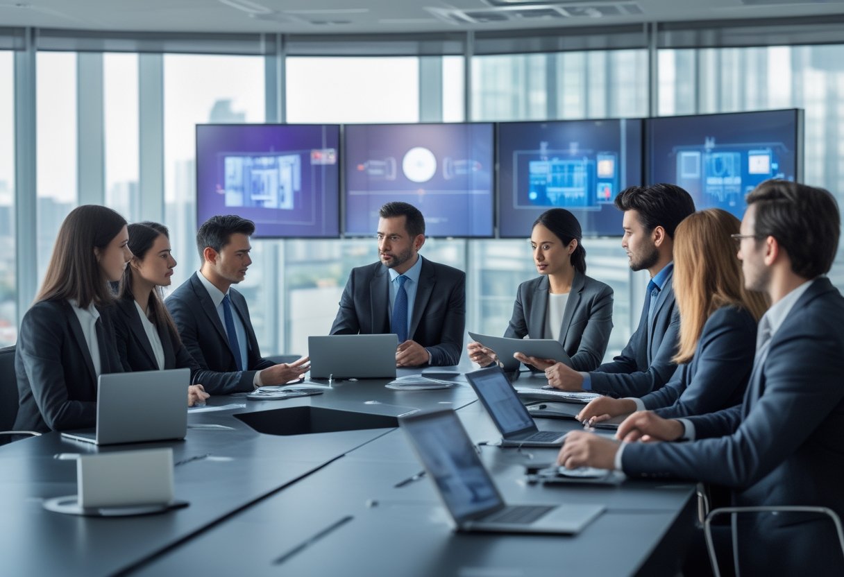 Sekelompok profesional bisnis multinasional sedang berdiskusi dalam ruang konferensi modern dengan peralatan audiovisual canggih dan pemandangan kota di latar belakang.
