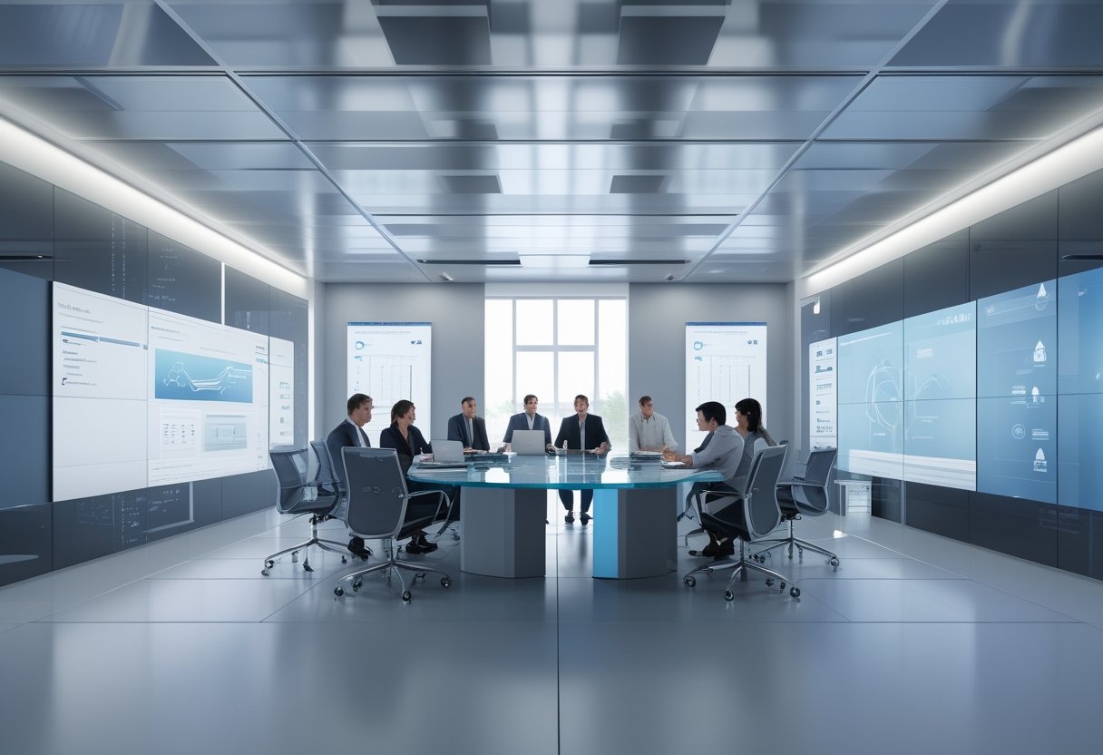 Ruang meeting kantor modern dengan meja kaca besar, kursi ergonomis, layar digital, dan beberapa profesional sedang berdiskusi bersama.