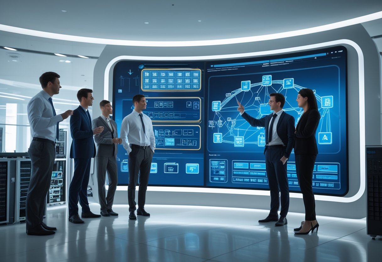Sekelompok profesional teknologi sedang berdiskusi di kantor modern dengan layar digital besar yang menampilkan diagram jaringan dan ikon keamanan data.