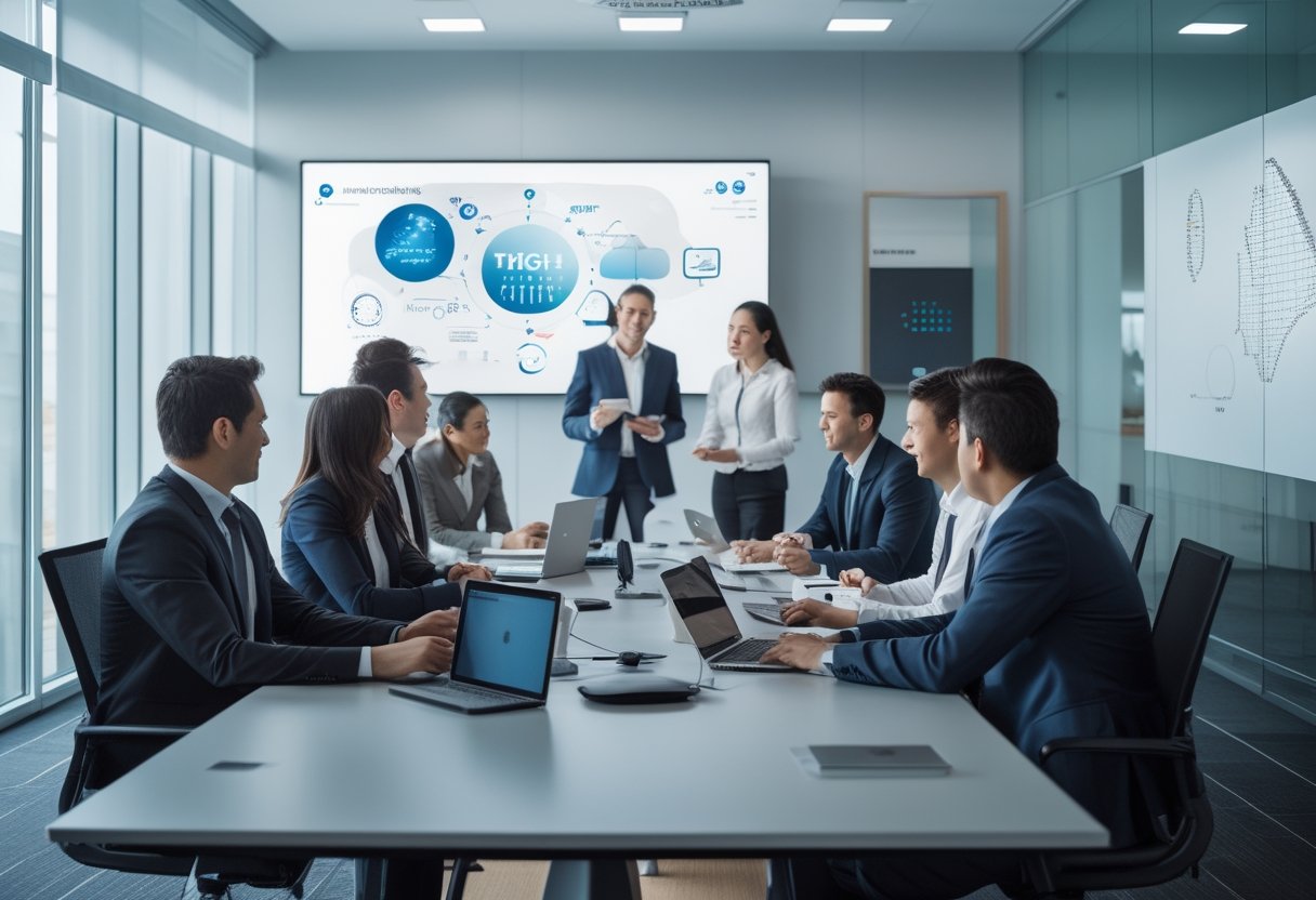 Sekelompok profesional bisnis multinasional sedang berdiskusi di ruang rapat modern dengan peralatan AV terintegrasi.