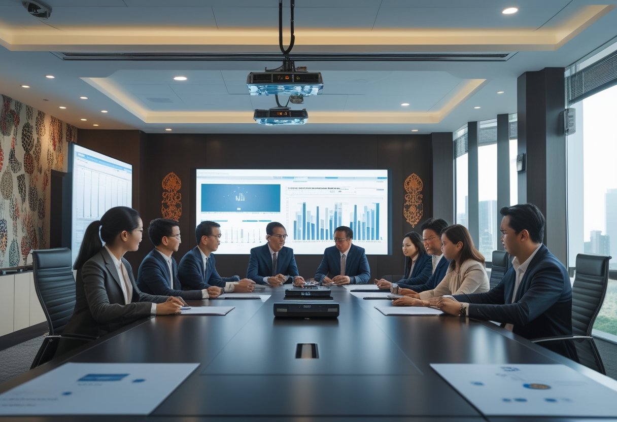 Sekelompok profesional bisnis multinasional sedang berdiskusi di ruang rapat modern dengan peralatan teknologi audiovisual canggih dan elemen budaya Indonesia.