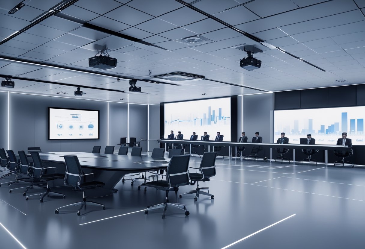 Ruang meeting modern dengan peralatan audiovisual lengkap, auditorium dengan layar besar, dan pusat kendali berteknologi tinggi dengan beberapa monitor dan operator.