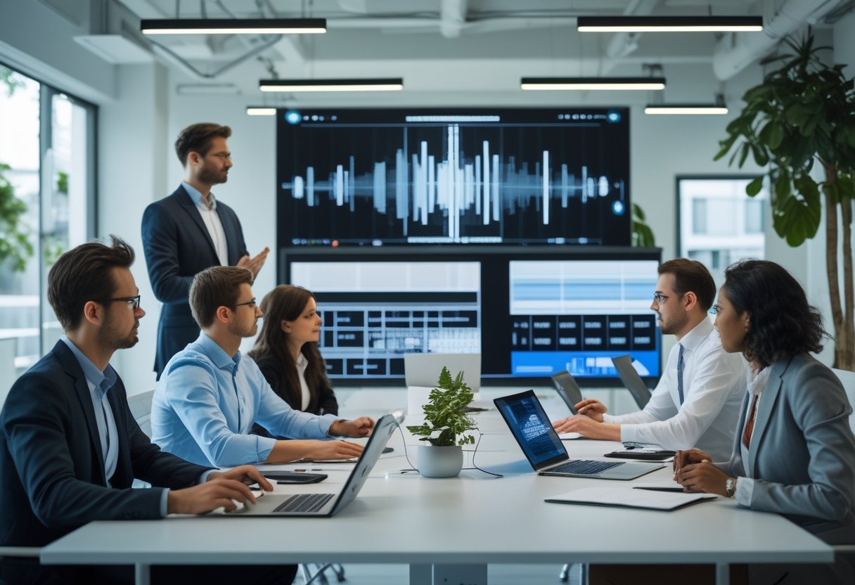 Sekelompok profesional sedang berdiskusi dalam rapat bisnis dengan layar besar yang menampilkan desain audio visual di ruang kantor modern.