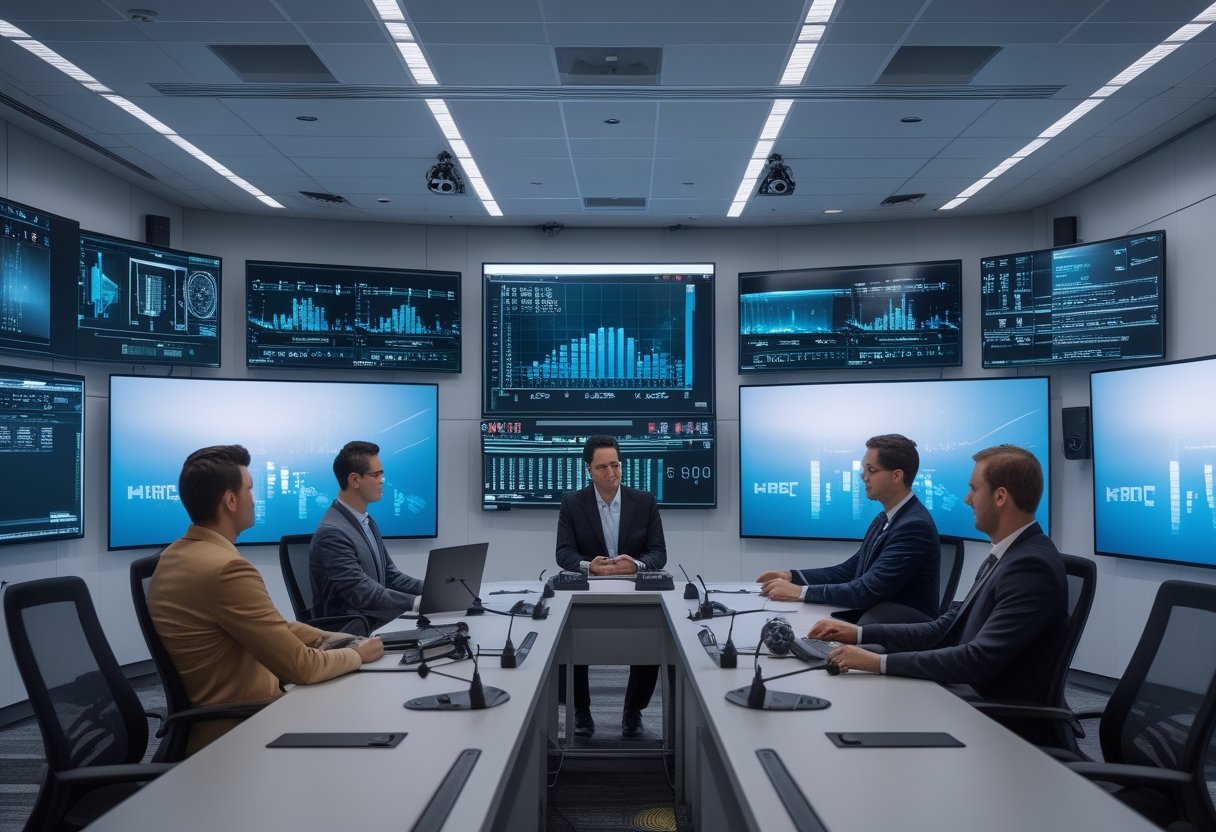 Ruang meeting atau command center modern dengan layar besar, meja konferensi, dan peralatan teknologi audiovisual yang canggih, menampilkan suasana kerja profesional.