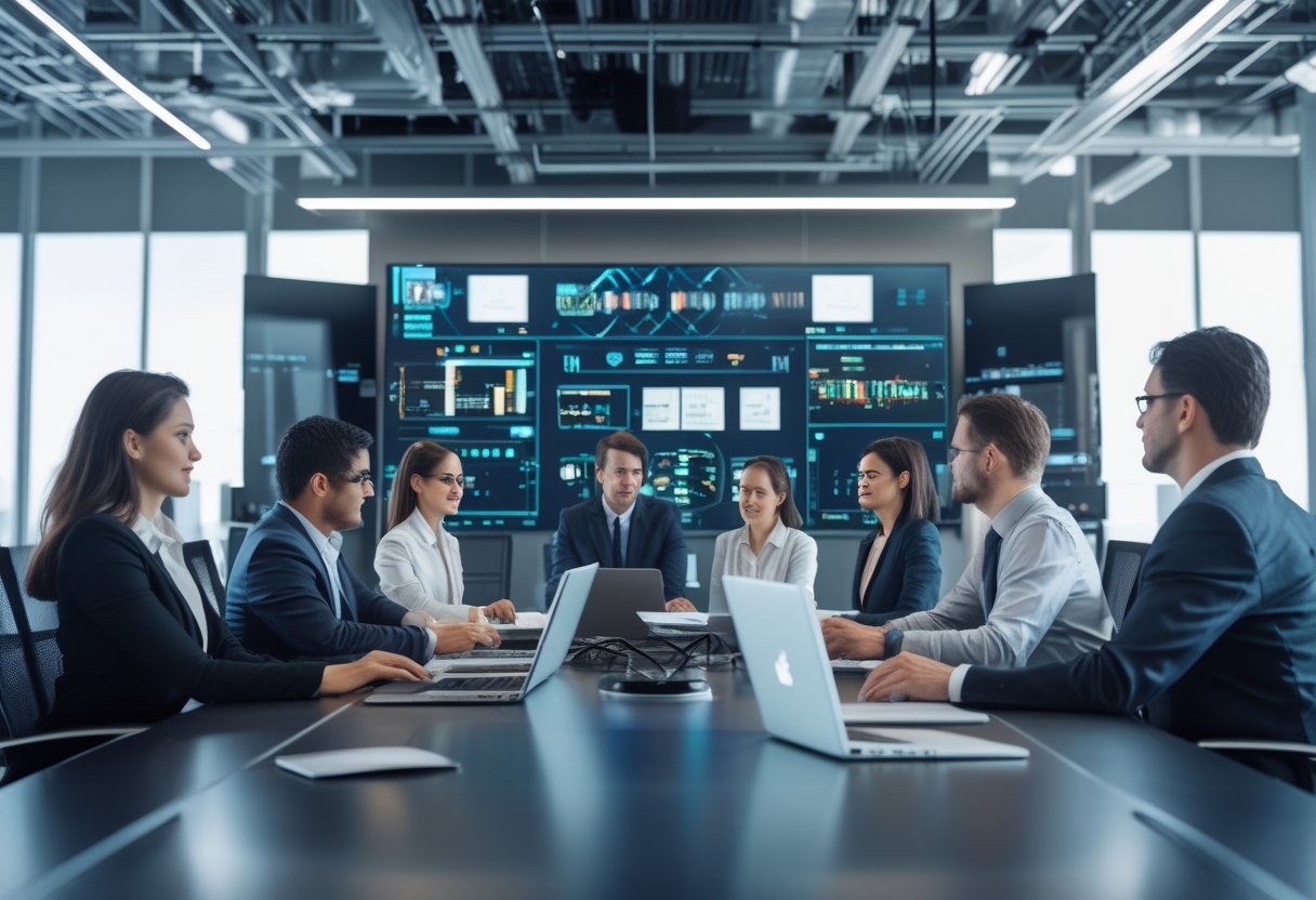 Sekelompok profesional bekerja bersama di ruang kantor modern dengan perangkat teknologi audiovisual dan IT.
