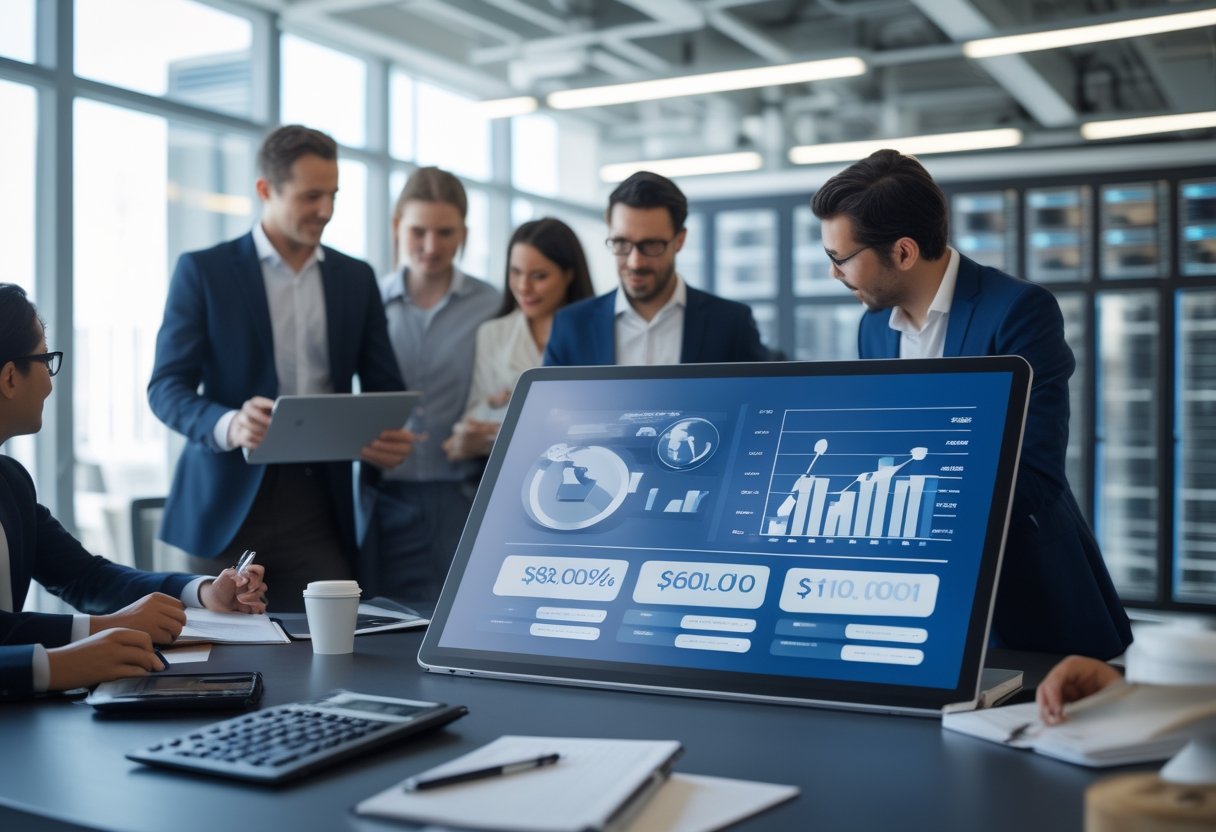Sekelompok profesional bisnis sedang bekerja bersama di kantor modern dengan layar sentuh besar yang menampilkan grafik biaya operasional dan peralatan teknologi di latar belakang.