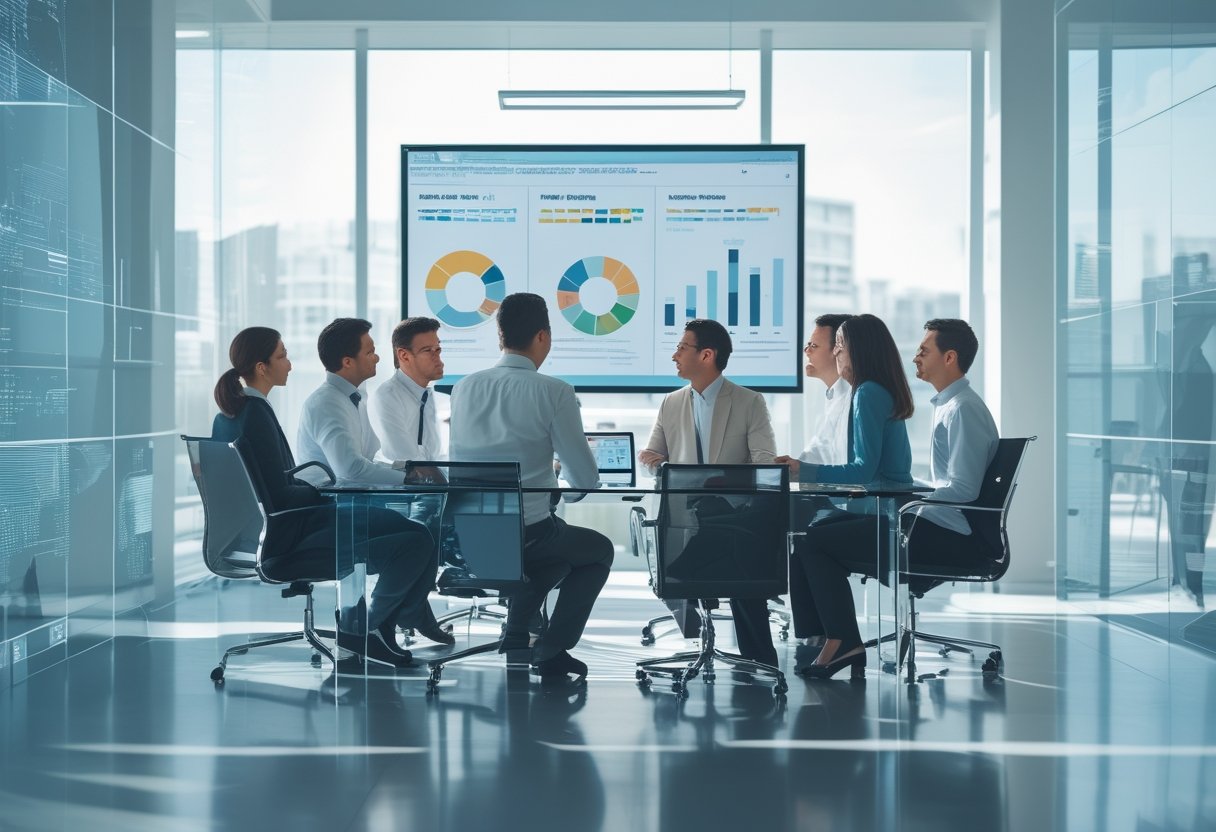 Sekelompok profesional bisnis sedang rapat di kantor modern dengan layar besar menampilkan grafik dan data teknologi.