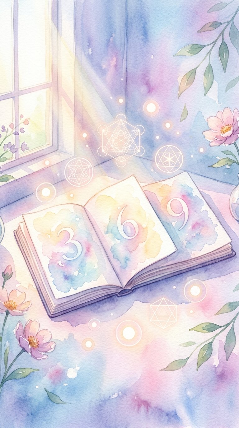 A peaceful workspace with an open journal surrounded by soft glowing lights, geometric shapes, and blooming flowers under gentle sunlight.