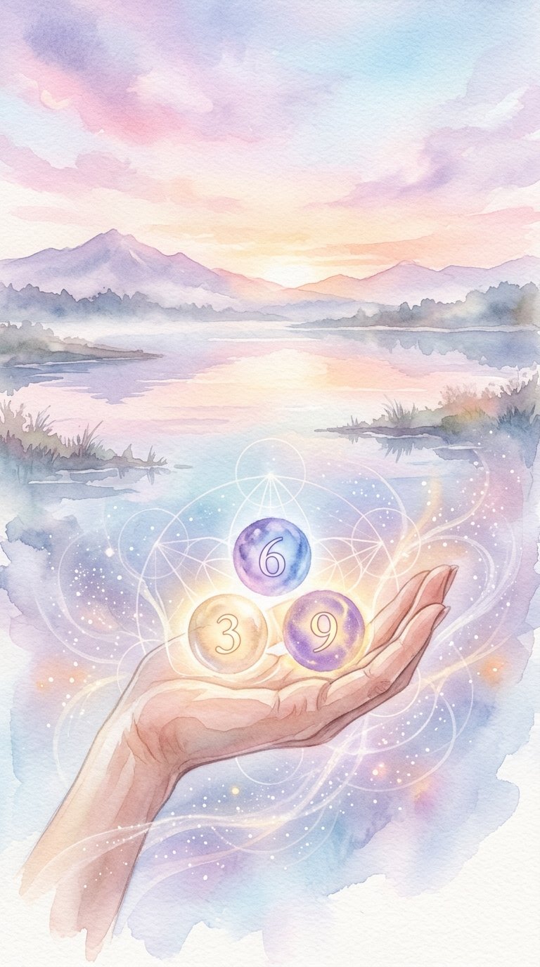 A hand holding three glowing orbs arranged in a triangle with a peaceful sunrise sky and distant mountains reflected in a calm lake.