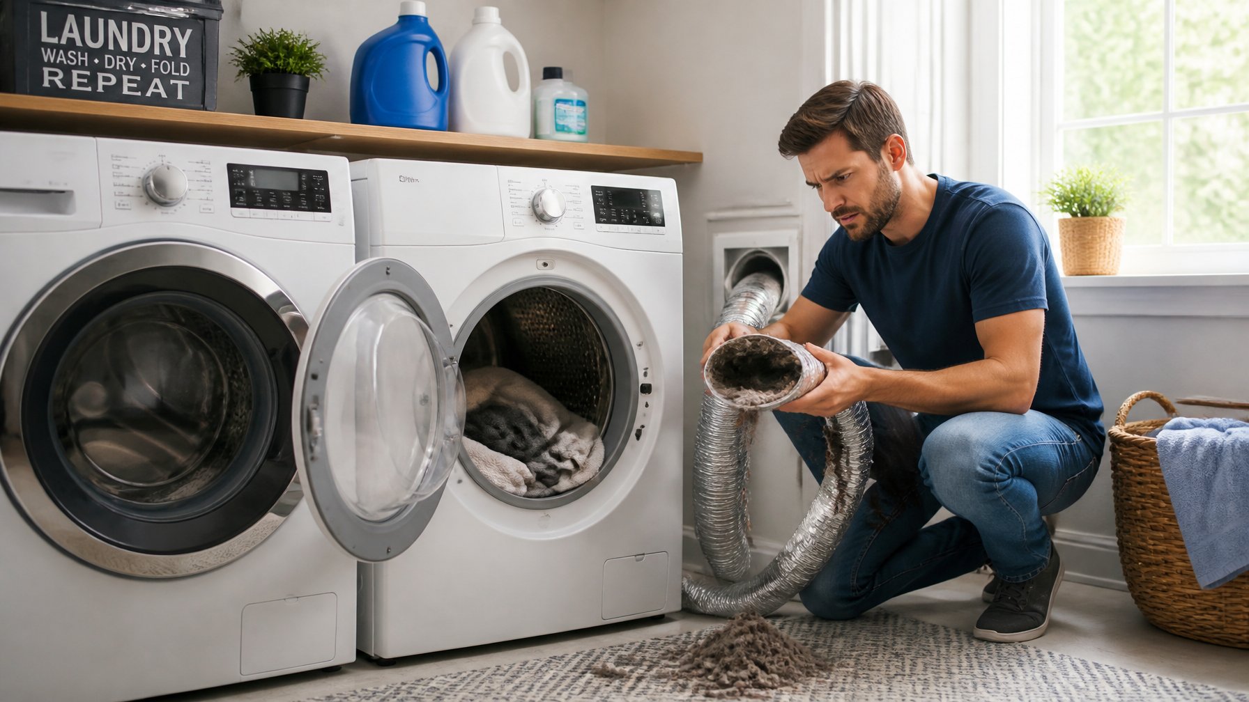 A person inspecting a clogged dryer vent hose next to a dryer with damp clothes inside in a laundry room.