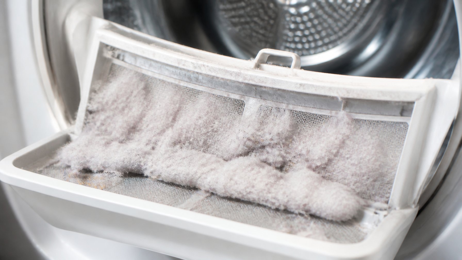 Close-up view of a dryer lint trap covered with fine lint buildup inside a dryer.