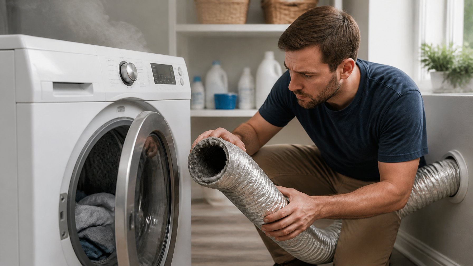 A person inspecting a dryer's vent hose in a laundry room with faint smoke near the dryer vent.