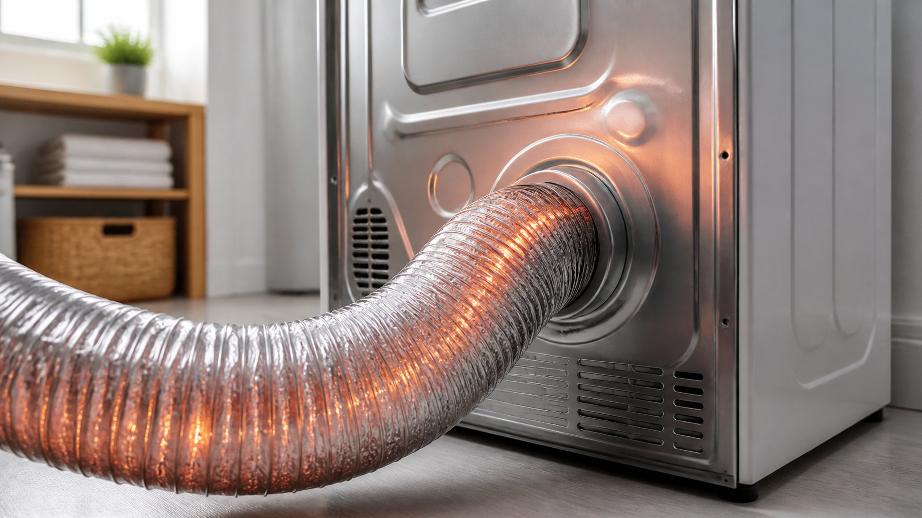 Close-up of the back of a clothes dryer with an attached exhaust hose that appears warm to the touch.