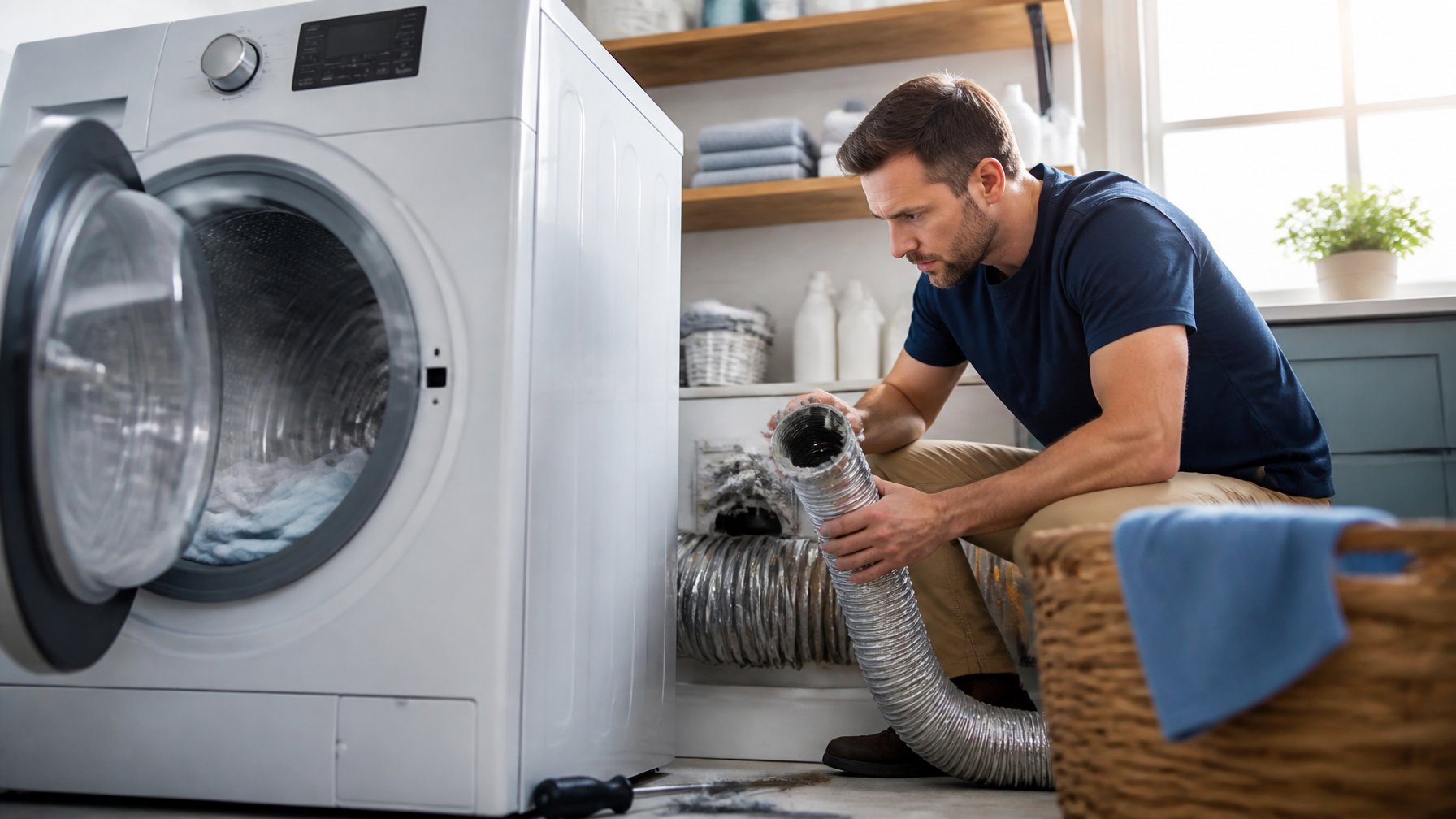 A person inspecting a dryer vent hose with lint buildup in a bright laundry room while the dryer is running.