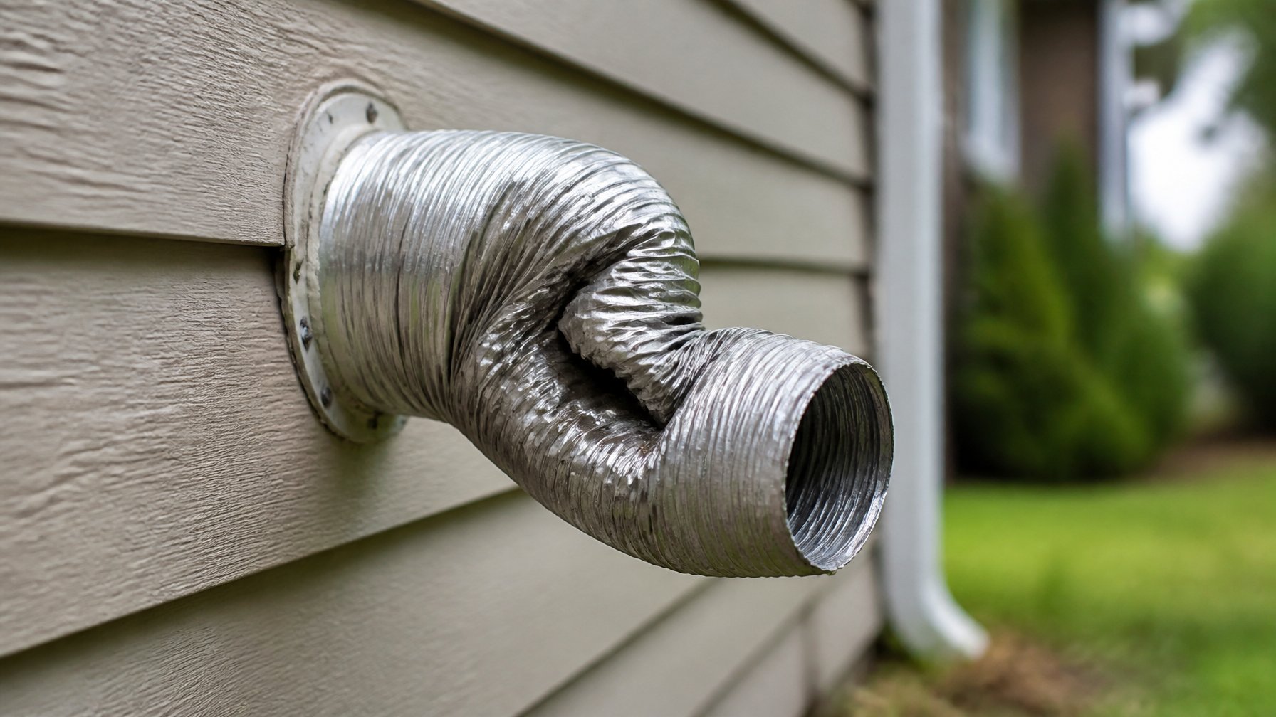 Close-up of a damaged exterior dryer vent hose that is kinked and crushed on the side of a house.