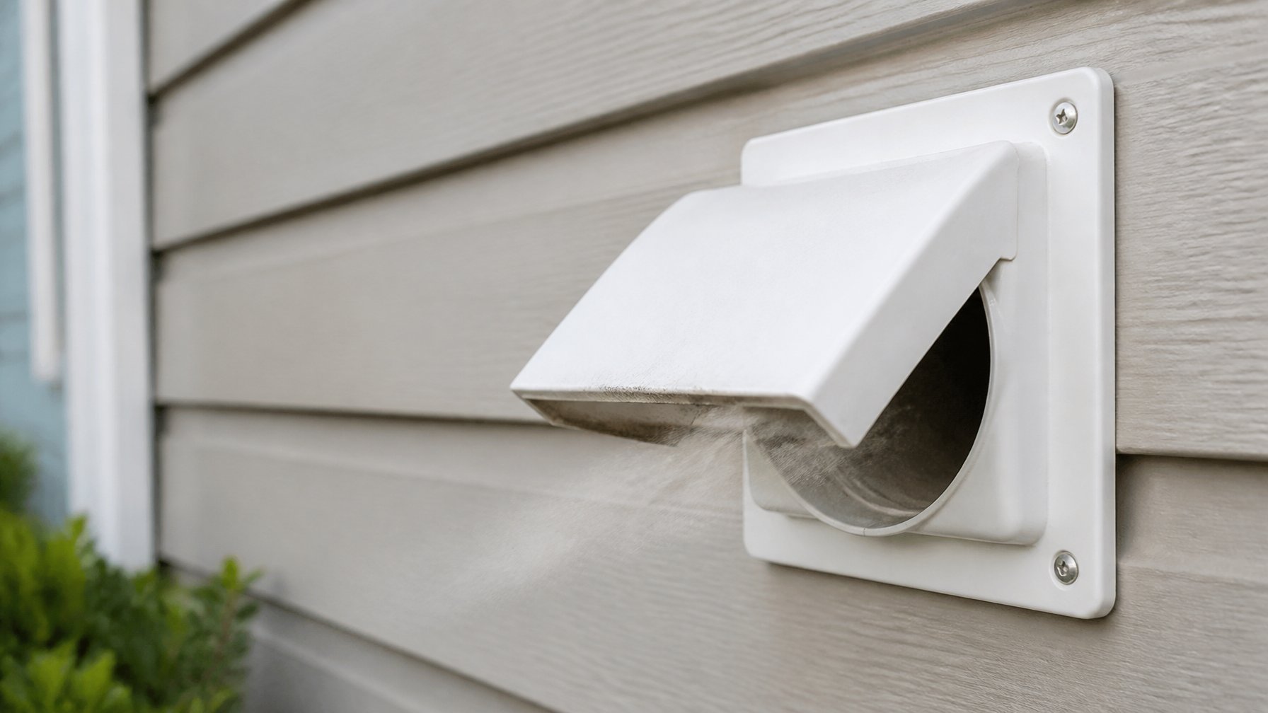 Exterior dryer vent outlet on a house with faint airflow visible indicating a weak airflow.