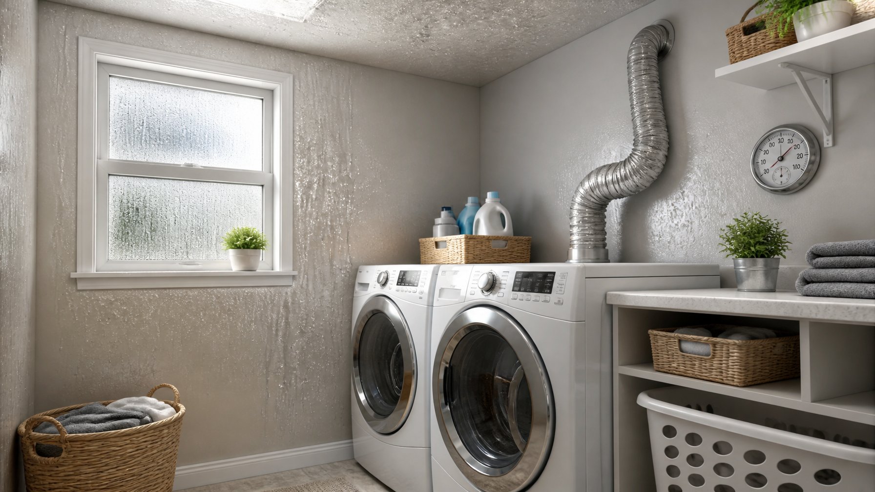 Laundry room with washing machine and dryer showing condensation on walls and window, indicating high humidity and possible dryer vent blockage.