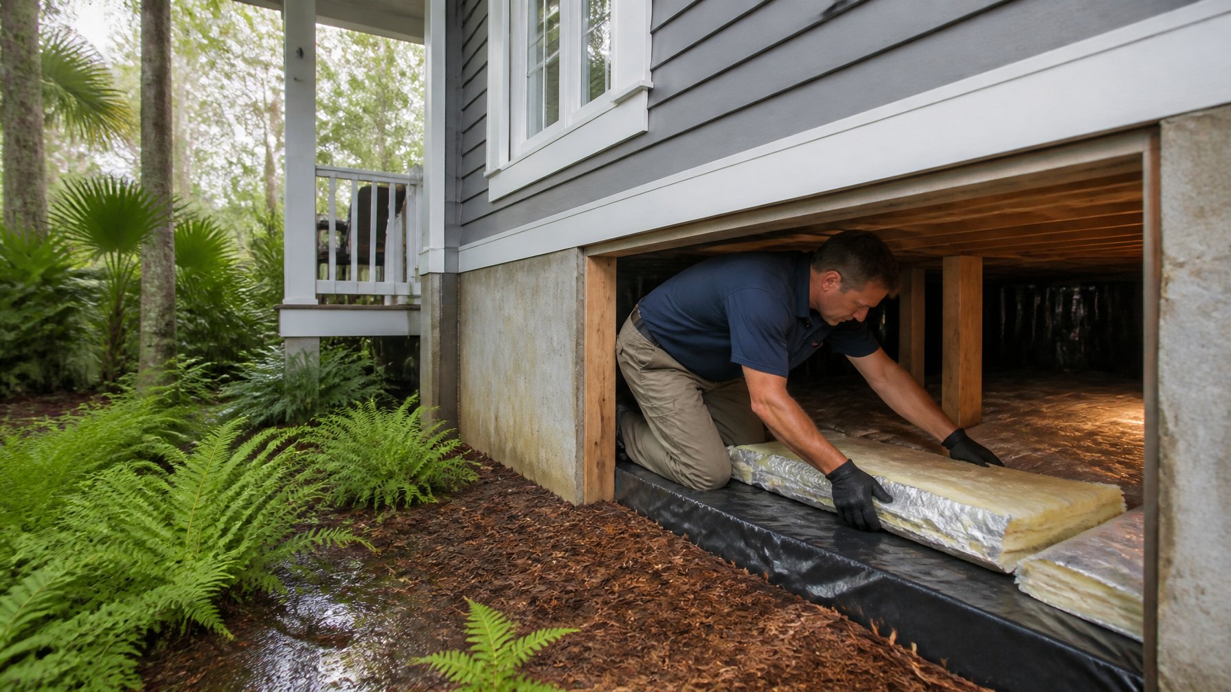 A person inspecting insulation in the crawl space of a Charleston home surrounded by greenery.