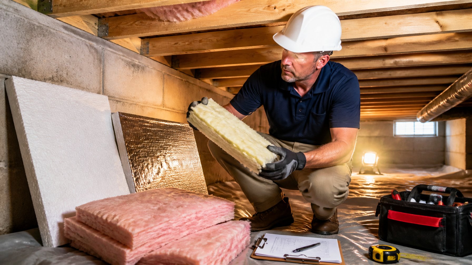 A home inspector in a crawl space examining insulation on walls and floor above in a residential house.