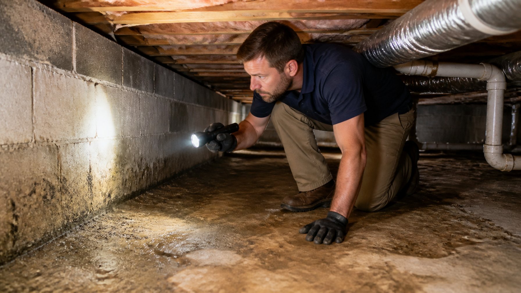 Person inspecting a residential crawl space with a flashlight, looking for moisture or mold.