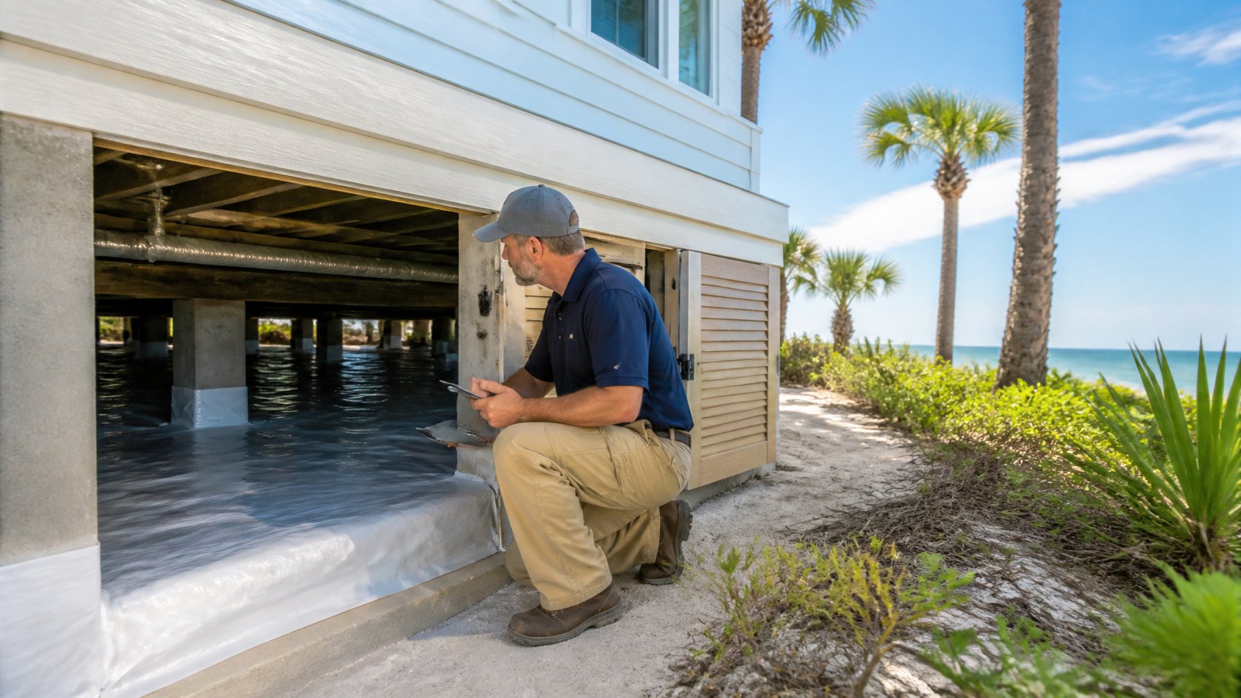 A coastal home with an open crawl space showing a thick vapor barrier installation, with a person inspecting it outdoors.